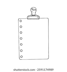 Hand drawn vector illustration of a blank paper sheet with a clip, perfect for office and stationery designs. Black and white line art sketch. Isolated drawing with copy space