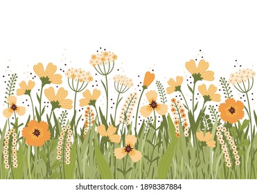 Ilustración vectorial dibujada a mano floreciendo pradera de verano. Banner de flores sobre fondo blanco. Muchas flores amarillas, brotes, hojas, tallos en el campo. Variedad de hierbas silvestres. Estilo escandinavo