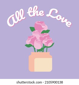 Hand drawn vector illustration of blooming pink bouquet in a vase.
Light purple background combined with pastel colors. A story about love