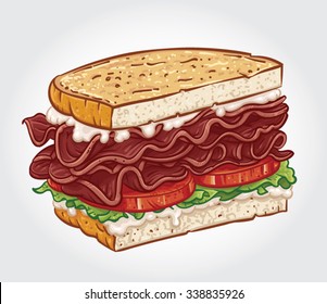 Hand drawn vector illustration of a BLT Sandwich, Bacon Sandwich with Lettuce and Tomato.