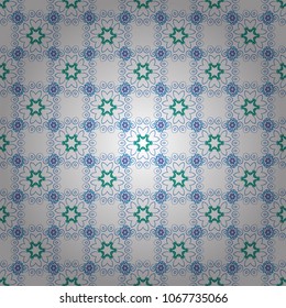 Hand drawn vector illustration in blue, green and white colors. Abstract print with stylized random elements and flowers. Exotic seamless pattern in retro style.