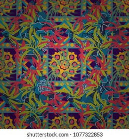 Hand drawn vector illustration in blue, beige and orange colors. Abstract print with stylized random elements and flowers. Exotic seamless pattern in retro style.