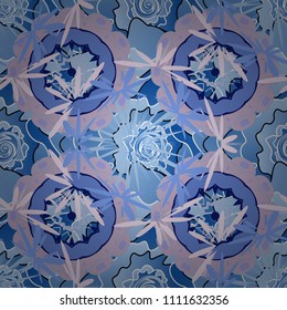 Hand drawn vector illustration in blue, violet and purple colors. Abstract print with stylized random elements and flowers. Exotic seamless pattern in retro style.