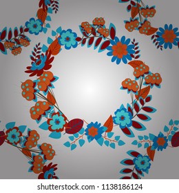 Hand drawn vector illustration in blue, red and gray colors. Abstract print with stylized random elements and flowers. Exotic seamless pattern in retro style.