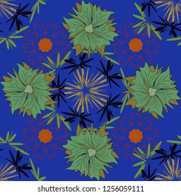 Hand drawn vector illustration in blue, black and green colors. Abstract print with stylized random elements and flowers. Exotic seamless pattern in retro style.