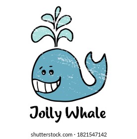 Hand drawn vector illustration of a blue whale with water spout, logo suitable for children's store or brand.