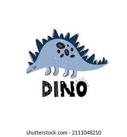 Hand drawn vector illustration with blue dinosaur in scandinavian style on a white isolated background. Great for textiles, children's clothing, poster. Vector illustration with cute dinosaur.