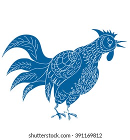Hand drawn vector illustration of blue rooster. Isolated in white. 2017 is the year of Red Fire Chicken on Chinese zodiac. Can use them for greeting card, calendar, poster, wall paper, wrapping.