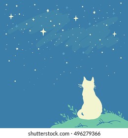 Hand drawn vector illustration. Blue night, stars and cat