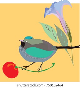 hand drawn vector illustration of blue bird ,red cherry and blue flower