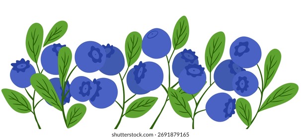 Ilustración vectorial dibujada a mano de ramas de arándanos con hojas verdes y bayas maduras. Concepto de naturaleza, fruta orgánica y diseño de alimentos saludables