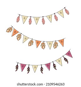 Hand drawn vector illustration bohemian, tribal, ethnic feathers. Colorful set of feathers in the form of birthday flags