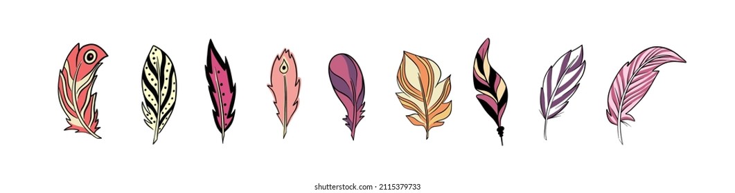 Ilustración vectorial hecha a mano de plumas bohemias, tribales, étnicas. Conjunto colorido
