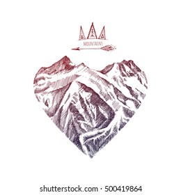 Hand drawn vector illustration in Boho style. Love to the mountains concept. Tribal graphic design elements for Poster, Print, t-shirts. 