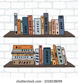 Hand drawn vector illustration of book on shelves. bookshelves on white brick wall.