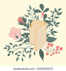 hand drawn vector illustration - book and flowers in gentle colors. spring, summer mood. flat trend illustration for greeting cards, flyers, magazines, websites and apps