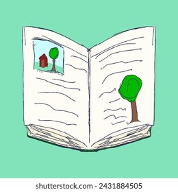Dibujado a mano ilustración vectorial de un libro con imágenes de árboles en el interior. Doodle boceto estilo en color 