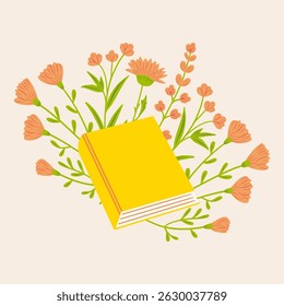 Ilustración vectorial dibujada a mano - libro y flores en colores suaves. primavera, verano sentimiento. ilustración de moda plana para tarjetas de felicitación, volantes, revistas, Sitios web y App.