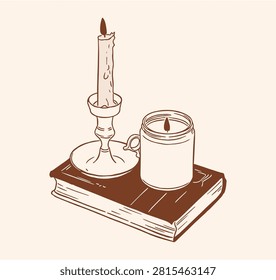 Hand drawn vector illustration of a book with burning candles in a candlestick and a jar, cozy autumn winter reading and relaxation graphic asset.