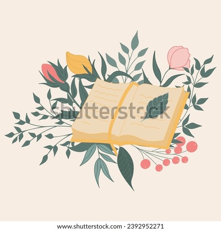 hand drawn vector illustration - book and flowers in gentle colors. spring, summer mood. flat trend illustration for greeting cards, flyers, magazines, websites and apps