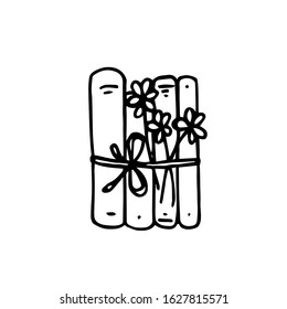 Hand drawn vector illustration. Books tied with ribbon and flowers. Doodle style, black lines on white, simple silhouettes.  For decoration of children's, bookstore, library.