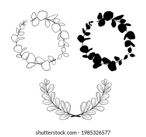 Hand drawn vector illustration. Botanical laurel eucalyptus wreath with branches and leaves. Floral design elements. Perfect for invitations, greeting cards, posters, logo