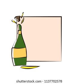 Hand drawn vector illustration of bottle of champagne. Greeting card template with alcohol.