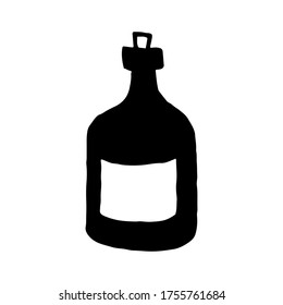 Hand drawn vector illustration of bottle. Black glass vial with cork for drink or medicine isolated on white background