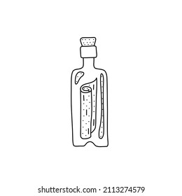 Hand drawn vector illustration of a bottle with message inside. Cute illustration of bottle icon on a white background.