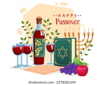 Hand - drawn vector illustration with a bottle of wine, a glass of wine, apple, grapes, minor, matza - jewish traditional bread and haggadah to Jewish Passes isolated on a white 