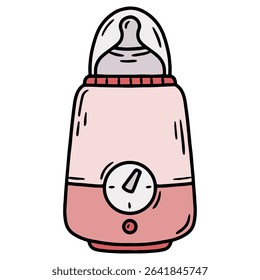 Hand drawn vector illustration of a bottle warmer with baby milk bottle, pink and grey color