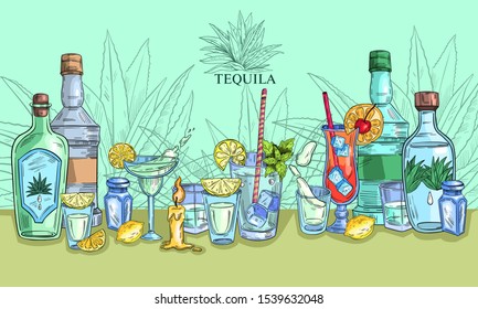 Hand drawn vector illustration “Tequila bar” with bottles, cocktails, glasses, lemons and candle. With agave on the background. Banner in engraving colorful style for bar, pub, menu, restaurant.