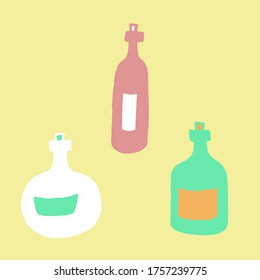 Hand drawn vector illustration of bottles. Collection of colorful glass vials with cork for drink or medicine isolated on yellow background