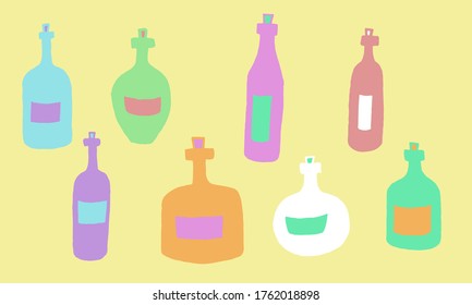 Hand drawn vector illustration of bottles. Collection of colorful glass vials with cork for drink or medicine isolated on yellow background