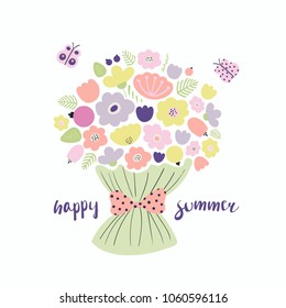 Hand drawn vector illustration of a bouquet of flowers, tied with a ribbon, with butterflies, lettering quote Happy summer. Isolated objects. Scandinavian style flat design. Concept for children print