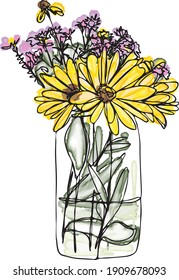 Hand drawn vector illustration with a bouquet of wild flowers in a jar, watercolor style