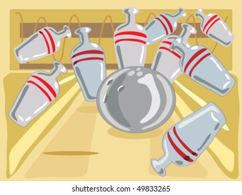 hand drawn vector illustration of a bowling ball striking the pins