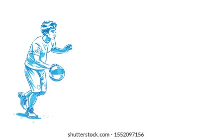 Hand drawn vector illustration of a boy playing basketball.
