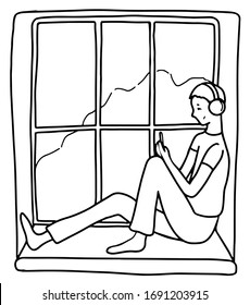 Hand drawn vector illustration. Boy is sitting on the windowsill listening to music on headphones. Home rest and entertainment. Black outline picture isolated in white. Doodles, flat, simple style.
