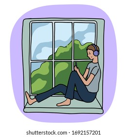 Handgezeichnete Vektorillustration. Junge sitzt auf dem Fensterbrett und hört Musik auf Kopfhörern. Heimruhe und Unterhaltung. Farbiges Cartoon-Bild einzeln auf Weiß. Doodles, flach, schlicht.