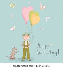 Hand drawn vector illustration of a boy holding heart-shaped balloons with dog by his side and butterflies flying around. The illustration is suitable for print and web use