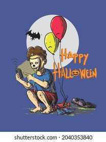 hand drawn vector illustration boy wearing zombie mask with vintage style. perfect for postcard, poster, 
print on fabric, Halloween day, 