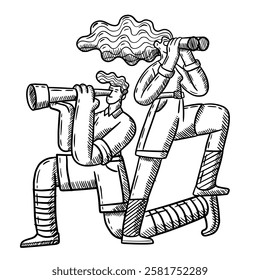 Hand drawn vector illustration of boy and girl exploring with telescope and binoculars