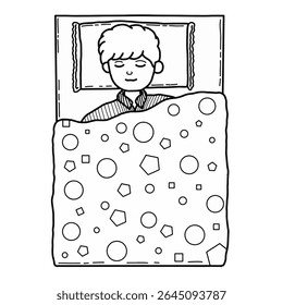 Menino desenhado à mão ilustração vetorial dormindo pacificamente na cama, para cartão de saudação, cartaz. Rotina para dormir das crianças