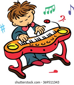 Hand drawn. Vector illustration. The boy who plays on the clavier.