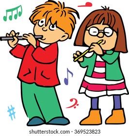 Hand drawn. Vector illustration. Boy and girl playing the flute. Isolated objects.
