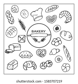 Hand drawn vector illustration of bread and bakery products with wheat, croissant, baguette, pretzel, bagel, cook hat, donut, bun, pie.