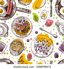 Hand drawn vector illustration. Breakfast is a great start of the day. Vintage sketch style. Seamless pattern.