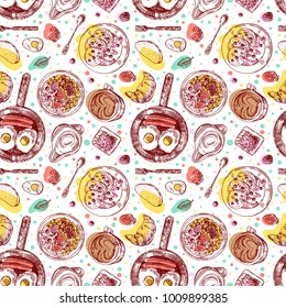 Hand drawn vector illustration. Breakfast is a great start of the day. Vintage sketch style. Seamless pattern.