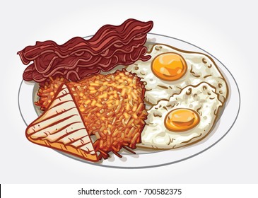 Hand drawn vector illustration of a breakfast plate with Hash Browns, Bacon, Eggs and toasted bread.